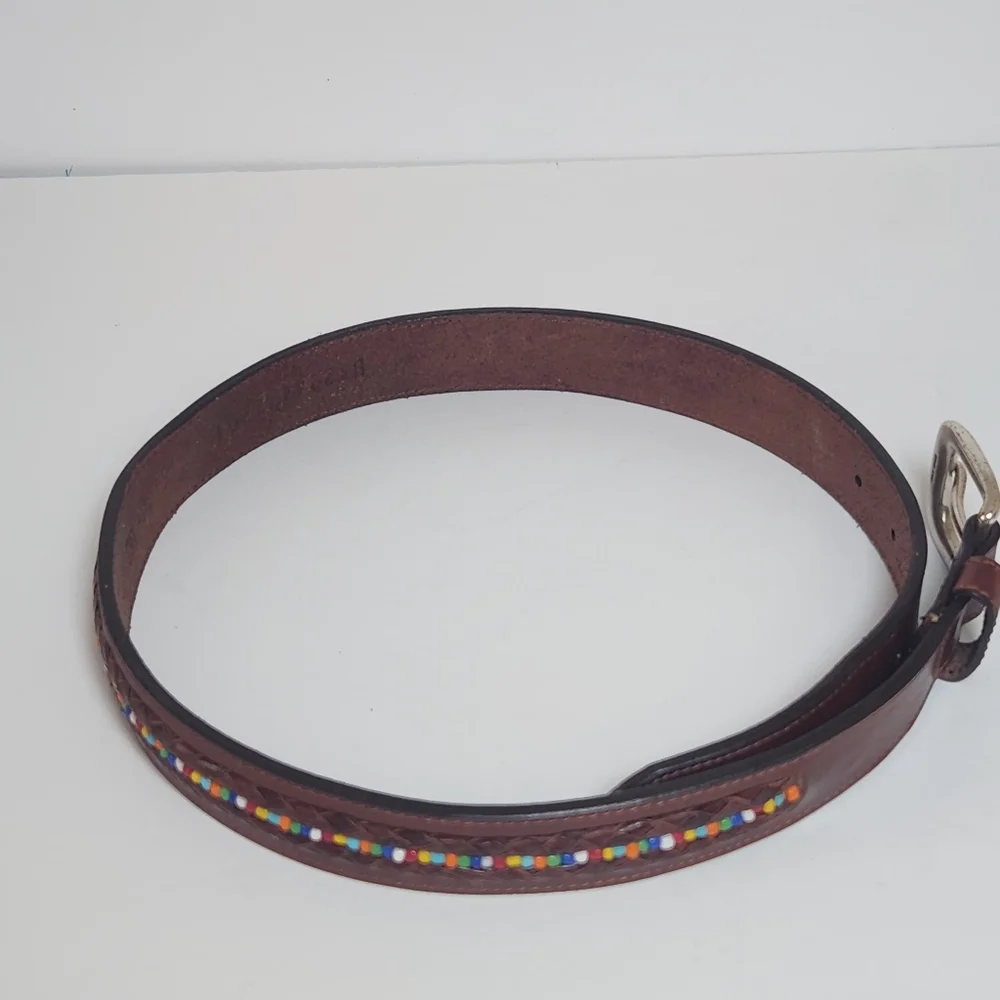 Vintage FOSSIL Beaded Leather Belt Small Brass Buckle | Multicolor Seed Beads